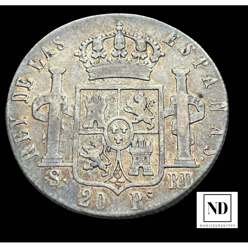 20 Reales de Fernando VII - 1823 - Sevilla - 26,59g Ag