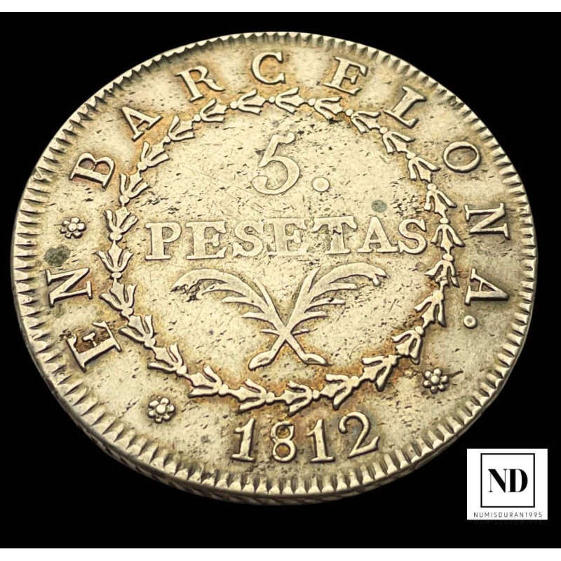 5 Pesetas de Barcelona "Cataluña Napoleónica" - 1812 - 26,70g Ag