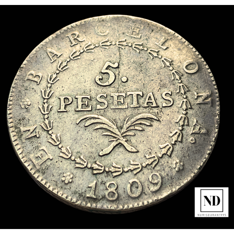 5 Pesetas de Barcelona "Cataluña Napoleónica" - 1809 - 26,91g Ag